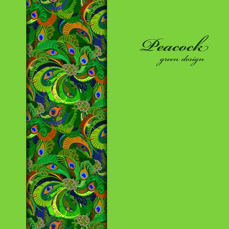 Green vertical border peacock feathers pattern background. Text place. Vintage vector illustration.のイラスト素材