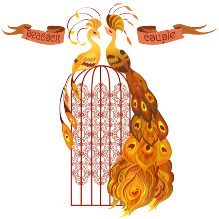 Beautiful couple peacocks in the birdcage. Golden, orange and yellow design. Ribbon with text.  Isolated on white background. Vector illustration.のイラスト素材