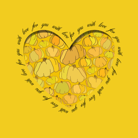 Love card. Golden autumn background with heart design of orange and yellow pumpkin pattern. Text - for you with love. Vector illustration.のイラスト素材