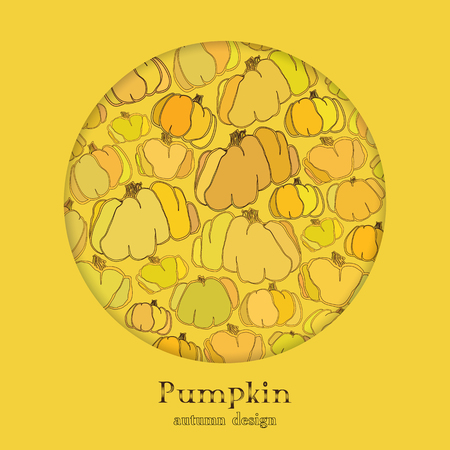 Golden autumn background with circle design of orange and yellow pumpkin pattern. Text place. Vector illustration.のイラスト素材