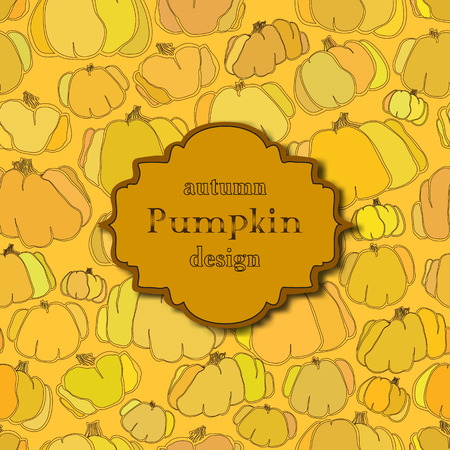 Golden autumn background with orange and yellow pumpkin seamless vector pattern and retro label. Text place.のイラスト素材