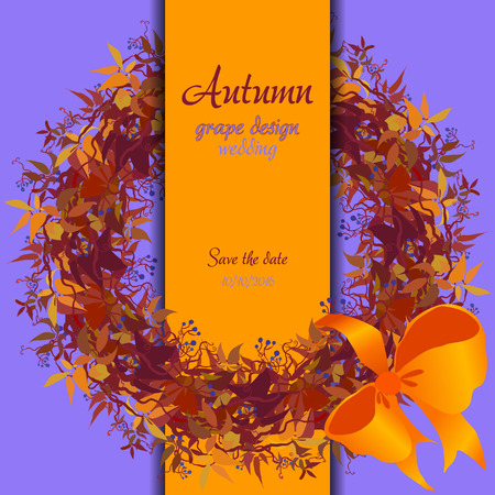 Autumn circle wreath of wild grape with orange red leaves. Vertical border strip design. Wedding card. Text place. illustration.のイラスト素材