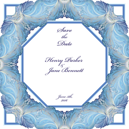 Wedding frame with winter frozen glass design. Printable abstract background. Light blue design. Vector illustration.のイラスト素材