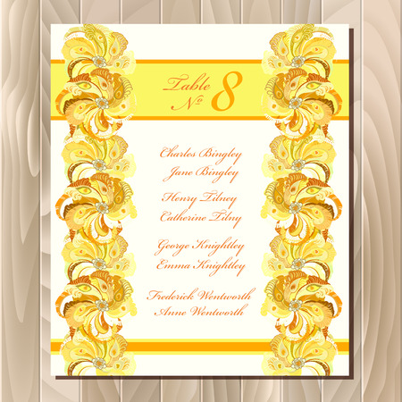 Guest list for table. Vector background peacock feathers. Golden wedding design blank template. Vector illustrationのイラスト素材