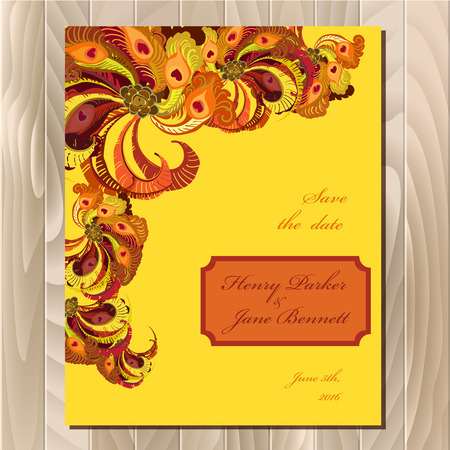 Wedding card with peacock feathers. Printable abstract background. Orange, burgundy, brown and red design. のイラスト素材