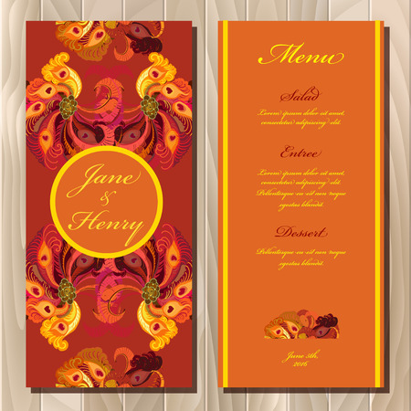 Wedding menu card with peacock feathers, vector background. Printable backgrounds set. Golden, yellow, brown and red vertical vignette design. Vector illustration. Bride and groom name place.のイラスト素材