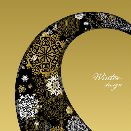 Winter curl design with gold and white snowflakes and stars and black background. Trend golden design. Swirl border stripe and text place. Golden vintage vector illustration.のイラスト素材