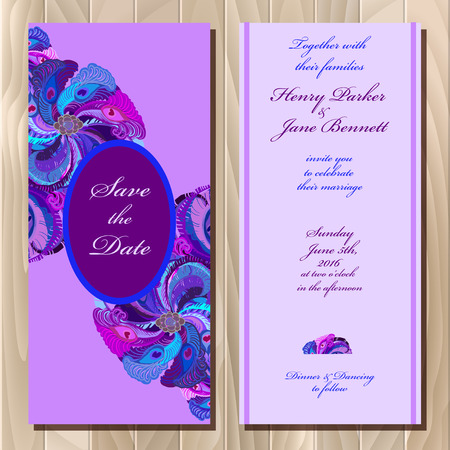 Wedding invitation card with peacock feathers, vector background. Printable backgrounds set. Violet, blue, purple vertical vignette design. Vector illustration. Save the date text place.のイラスト素材
