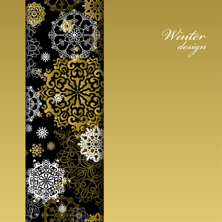 Winter abstract design with gold and white snowflakes and stars and black background. Trend golden design. Vertical border stripe and text place. Golden vintage vector illustration.のイラスト素材