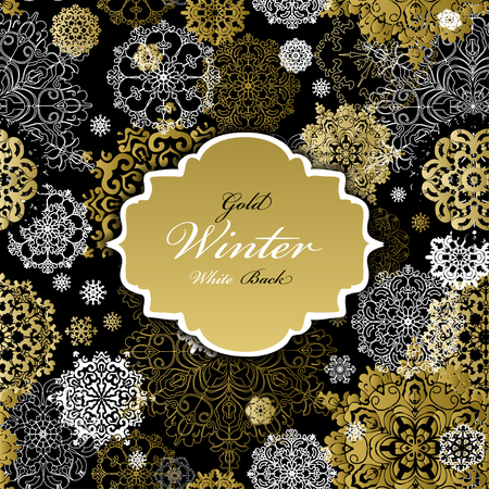 Winter seamless pattern with gold and white snowflakes and stars and black background. Vintage golden label and winter text place. Trend golden design. Golden vintage vector illustration.のイラスト素材