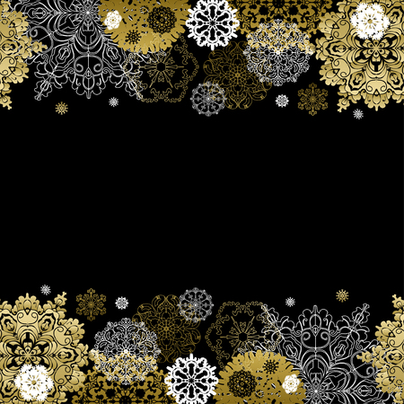 Winter abstract design with gold and white snowflakes and stars and black background. Trend golden design. Horizontal top and bottom border and text place. Golden vintage vector illustration.のイラスト素材