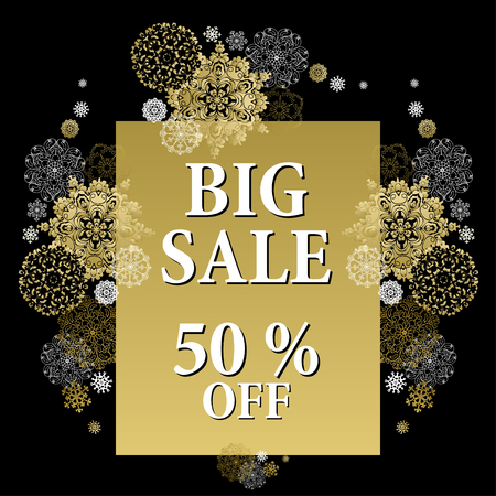 Big sale special promotion card, gift, discount sale template with golden snowflakes. Holiday background mock for banner or ticket. Gold luxury background for winter sale. Vector illustration.のイラスト素材