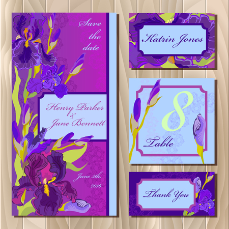 Iris flower and lace printable wedding design set. Wedding invitation card, table number, guest card. Violet purple iris flower background. Iris bouquet illustration. Save date, thank you text.のイラスト素材