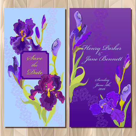 Wedding invitation card with lilac, violet, purple iris flower and lace background. Iris bouquet  illustration. Printable vertical design backgrounds set. Save the date text place.のイラスト素材