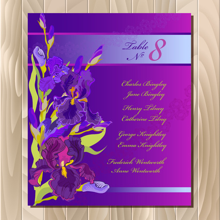 Iris flower wedding guest list for table. Purple iris flower and lace background. Iris bouquet illustration. Printable wedding design blank template. のイラスト素材