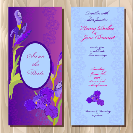 Wedding invitation card with lilac, violet, purple iris flower and lace background. Iris bouquet   illustration. Printable vertical design backgrounds set. Save the date text place.のイラスト素材