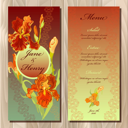 Wedding menu card with iris flowers and lace stripe, vector background. Iris printable backgrounds set. Red, orange yellow vertical vignette design. Vector illustration. Bride and groom name place.のイラスト素材