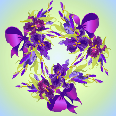 Wedding card with violet, lilac and blue iris flower wreath and ribbon with bow. Iris bouquet hand drawn vector illustration. Printable triangle design on green square background. Iris flower border.のイラスト素材