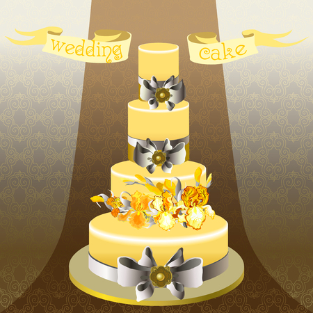 Wedding cake with gold, orange, yellow iris flowers. Beautiful wedding dessert. Wedding yellow iris bouquet hand drawn vector illustration. Golden silver damask background. Wedding vector illustrationのイラスト素材