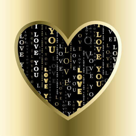 Love card. Valentines card template. Love background with black heart on golden background. Heart shape with vertical I love you words typographic design. Valentine day background. Vector illustrationのイラスト素材