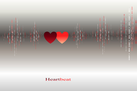 Fall in love two red silver hearts beats cardiogram design. Vertical sound waves rhythms with I love you text. Valentines love card background. Red hearts in love song vector design backgroundのイラスト素材