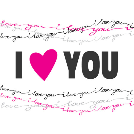 Valentine love card. I love you greeting poster. Pink, gray, black handwritten I love you text border frame on white background. Red heart shape, I love you text. Handdrawn romantic card. Vector cardのイラスト素材