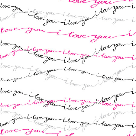 Valentine love card. I love you text seamless pattern background. Pink, gray, black handwritten I love you text line border on white background. Hand drawn romantic background. Vector illustration.のイラスト素材