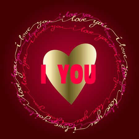Valentine love card. I love you greeting poster. Pink, red, gold handwritten I love you text wreath on red background. Gold heart shape and calligraphy circle. Hand drawn romantic card. Vector cardのイラスト素材