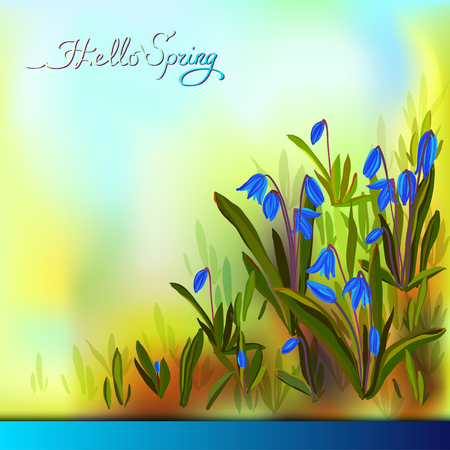 Hand drawn squill blue flowers. Spring horizontal border realistic squill blue flowers and handwriting calligraphy text hello spring. Spring watercolor style background. Vector illustrationのイラスト素材