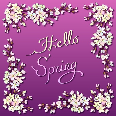 Hand drawn sakura wreath. Spring calligraphy card. Square frame with blossom cherry tree branches and text hello spring. Hello spring hand drawn lettering and cherry circle border on purple backgroundのイラスト素材