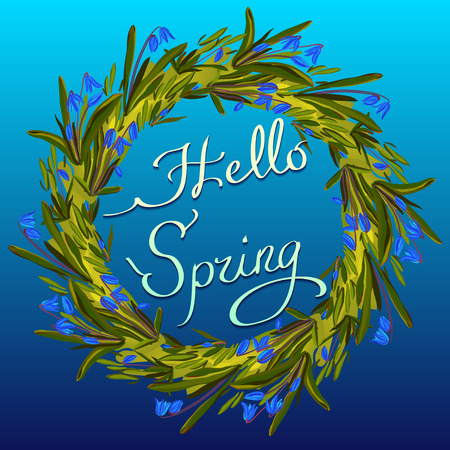 Spring calligraphy card. Hand drawn squill blue flowers wreath. Calligraphy quote hello spring. Handwritten lettering quote, spring snowdrop floral circle border frame on blue background isolatedのイラスト素材