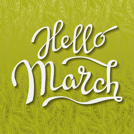 Hand drawn inspirational quote - hello Marth. Pen and ink calligraphy. Brush painted white letters on spring light green abstract leaves pattern background. Vector illustration.のイラスト素材