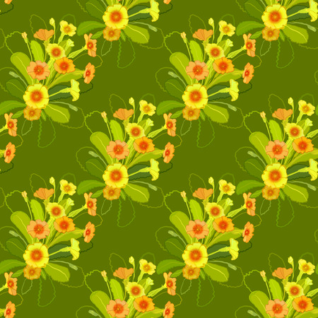 Spring summer floral seamless pattern with green yellow orange primroses and green leaves. Green floral background for baby girl kids design, wrapping paper and packaging template. Vector illustrationのイラスト素材