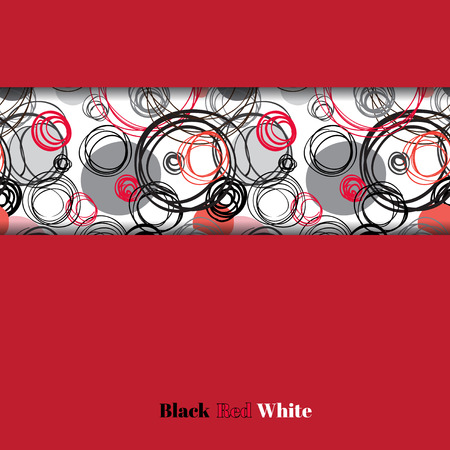 Abstract geometric background. Horizontal border stripe design. Black red gray hand drawn intersecting outline circles elegant ornament in white background. Vector element of graphic design.のイラスト素材