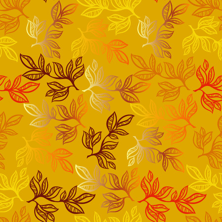 Abstract floral seamless pattern background with branches and leaves. Orange and yellow autumn branches with leaves in golden background. Packing, wrapping paper texture template. Vector illustration.のイラスト素材