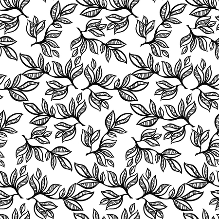 Abstract floral seamless pattern background with branches and leaves. Black branches with leaves in white background. Packing or wrapping paper design texture template. Vector illustration.のイラスト素材