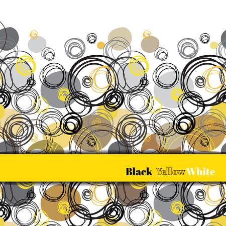 Abstract geometric background. Horizontal border stripe design. Black yellow brown gray hand drawn intersecting outline circles elegant ornament in white background. Vector element of graphic design.のイラスト素材