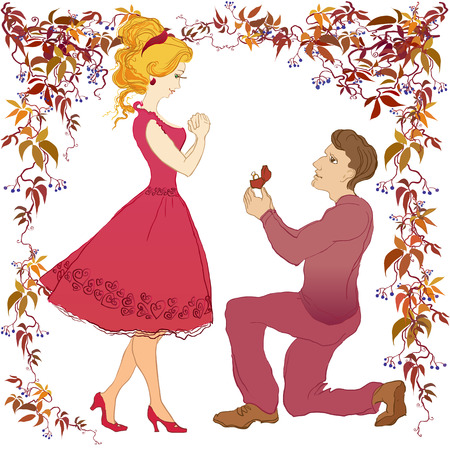 Marriage proposal vector cartoon love story boyfriend and his beloved. Man makes marriage proposal to girlfriend. Wedding ring with diamond. Marry me illustration. Happy young couple on white isolatedのイラスト素材
