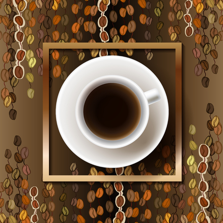 Coffee poster design with cup of hot coffee and beans lines striped texture and golden frame. Coffee banner design for coffee shop menu, restaurant and cafeteria. Brown gold vector background.のイラスト素材