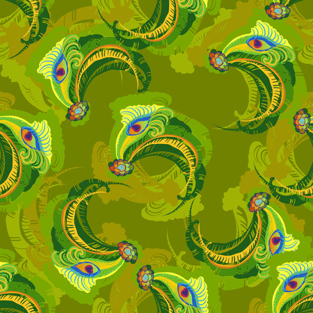 Green peacock feathers seamless pattern background. Green indian style seamless background, vintage feathers pattern, carnival design background for wrapping paper and fabric. Vector illustration.のイラスト素材