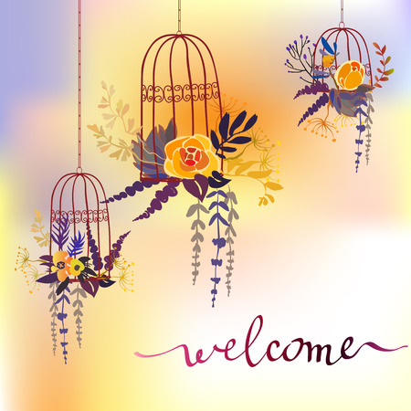 Floral card with orange flowers bouquets in birds cells and calligraphy sign welcome for wedding invitation, party, celebration. Yellow flowers and branches and leaves on watercolor style background.のイラスト素材