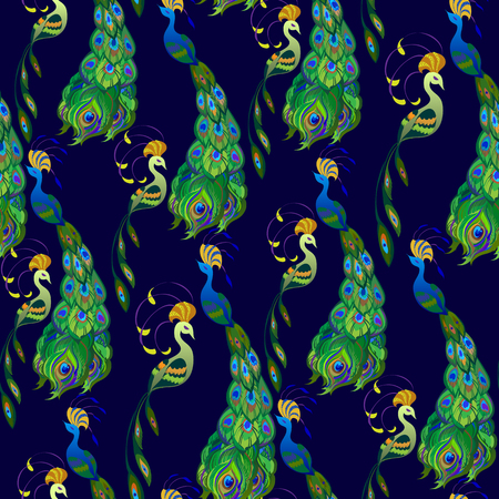 Green seamless peacock birds pattern background. Couple peacock birds with blue background. Green feathers birds seamless pattern background. Indian or brazilian pattern Vector illustrationのイラスト素材