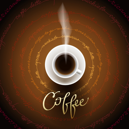 Coffee design with cup of hot coffee and coffee text circled texture. Coffee banner for packaging, design for coffee shop menu, restaurant and cafeteria. Coffee break brown gold vector background.のイラスト素材