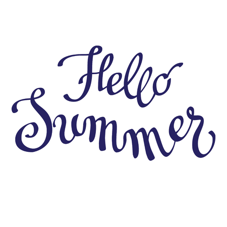 Hand drawn inspirational sign - hello Summer. Pen and ink calligraphy. Brush painted blue letters on white background isolated. Calligraphy card. Vector illustrationのイラスト素材