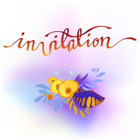 Calligraphy invitation with floral bouquet. Orange yellow flowers, branches and leaves on blue purple watercolor style background. For wedding invitation, party, birthday celebration or reception.のイラスト素材