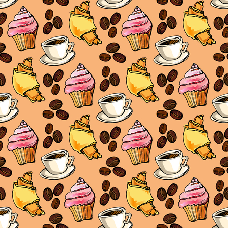 Seamless pattern background. Cup cake, croissant, coffee beans and cup of espresso. For cafeteria bakehouse, restaurant interior design, fabric packaging, wrapping paper, menu, coffee shop.のイラスト素材
