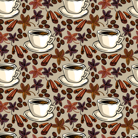 Seamless pattern background. Cup of hot espresso, coffee beans, cinnamon and banyan. For fabric packaging, wrapping paper, menu, coffee shop, cafeteria and restaurant interior design.のイラスト素材