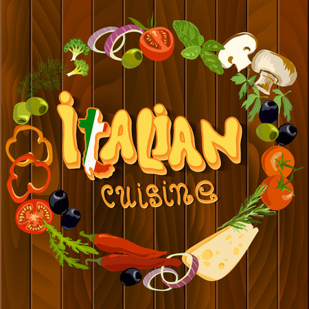 Italian cuisine food circle frame background. Hand Drawn pizza ingredients on wooden texture background. Health natural organic vegetables for cooking pizza. Italian restaurant design.のイラスト素材