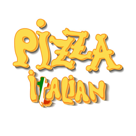 Hand drawn pizza italian text, yellow letters on white background izolated. Pizza lettering. Italian restaurant design. Pizza label design template. Vector illustration.のイラスト素材
