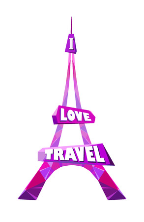 Eiffel tower shape design. Stylised pink polygonal eiffel tower with text I love travel in white background isolated. Romantic Paris and France travel background, vector illustrationのイラスト素材